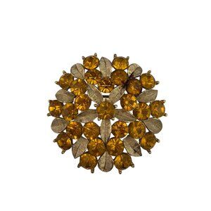 Sarah Coventry Gold Tone Womens Brooch Amber Rhinestones Floral Vintage